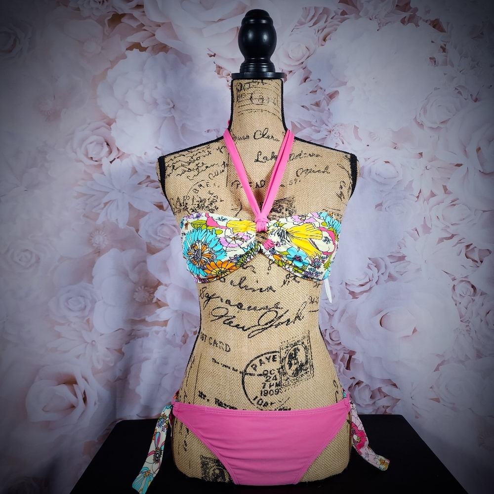 Pink Floral O-Ring Bandeau Bikini